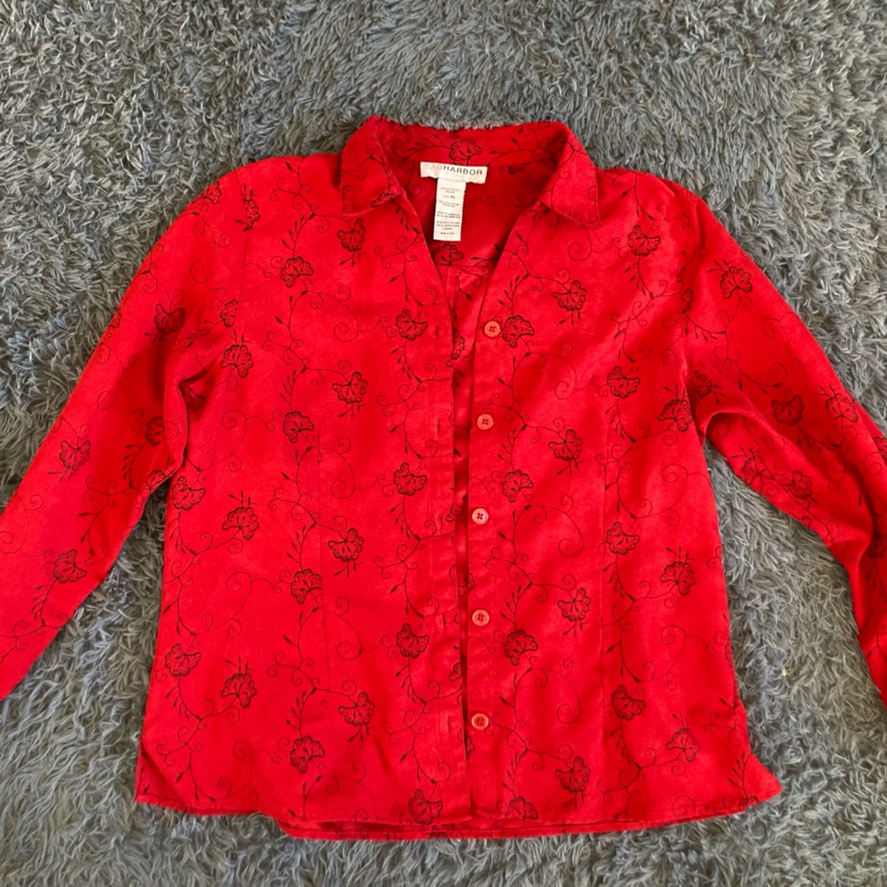 Vintage Sag Harbor Red & Black Embroidered Faux Suede Top